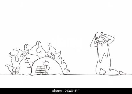 Continuous one line drawing upset Arab businessman kneeling. Finances burning up. Global financial crisis, inflation. Bankruptcy. Inability to do busi Stock Vector