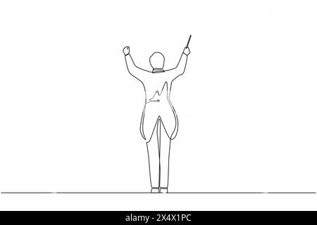 Single continuous line drawing back view of man conductor performing on stage, male musician in tuxedo directing classic instrumental symphony orchest Stock Vector