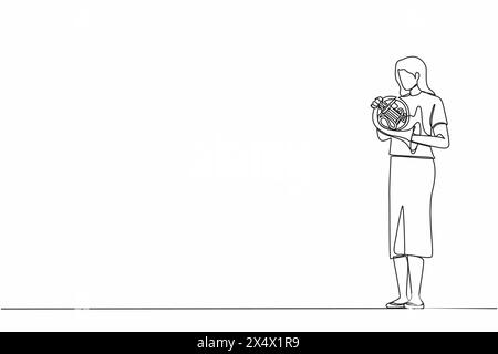 Continuous one line drawing female musician in blazer performing classic melody on French horn. Instrumentalist playing music on brass instrument. Wom Stock Vector