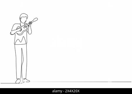 Single continuous line drawing joyful guy playing on ukulele and singing having fun. Male musician holding small guitar and singing. Man play on music Stock Vector