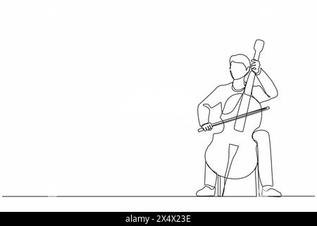 Single one line drawing young male performer playing on contrabass. Cellist man playing cello, musician playing classical music instrument. Continuous Stock Vector