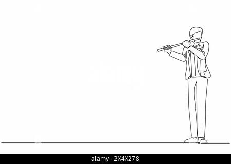 Continuous one line drawing male musician playing flute, standing in suit. Flutist performing classical music on wind instrument. Solo performance of Stock Vector