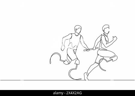 Continuous one line drawing two disable runners with prosthesis leg, disability men, amputee athletes, amputees running in relay race handing over the Stock Vector