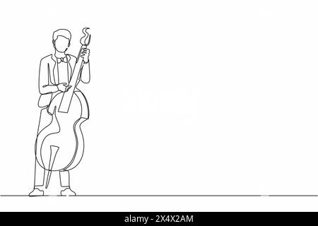 Continuous one line drawing double bass player standing with big string instrument. Man musician playing classical music with fingers. Professional co Stock Vector