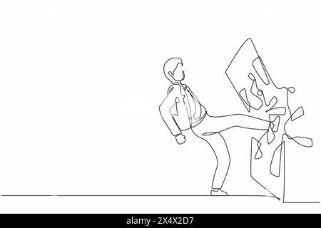 Single continuous line drawing businessman kicked the mirror and shattered it. Breaking impossible barrier. Business motivation, breakthrough concept. Stock Vector