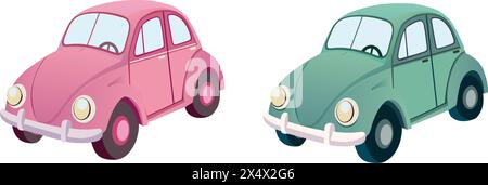 set retro cars green and rose on a white  isolated background Stock Vector