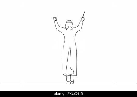 Continuous one line drawing back view of Arab man conductor performing on stage, male musician in tuxedo directing classic instrumental symphony orche Stock Vector