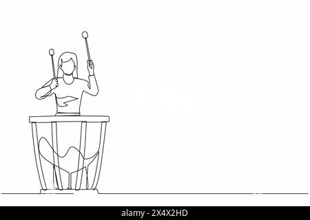 Continuous one line drawing female percussion player play on timpani. Woman performer holding stick and playing musical instrument. Musical instrument Stock Vector