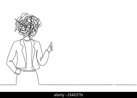 Single continuous line drawing businesswoman with round scribbles instead of a head. Female manager showing thumbs up sign. Deal, like, agree, approve Stock Vector
