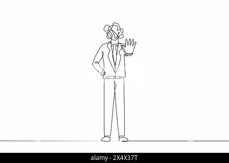 Continuous one line drawing businessman with round scribbles instead of head. Angry business man or strict boss standing and rejecting something with Stock Vector