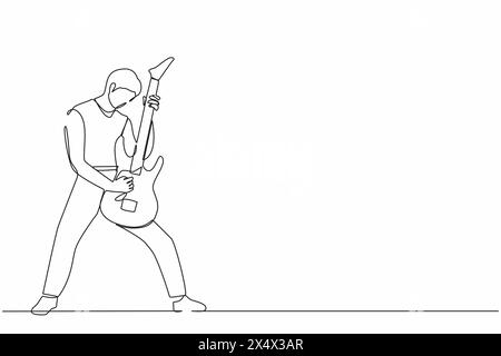 Continuous one line drawing young male musician playing electric guitar. Man practicing in playing guitar. Guitarist perform playing music instrument Stock Vector
