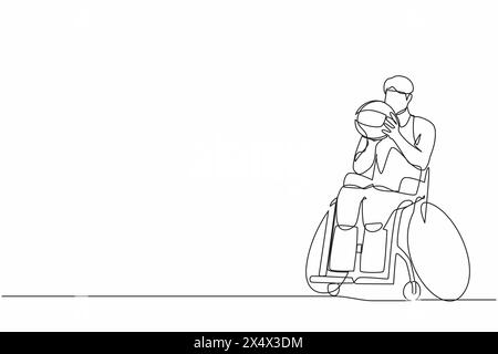 Single one line drawing athlete in wheelchair play basketball.  man training for tournament game, sport for invalid person. Tolerance, inclusive. Cont Stock Vector