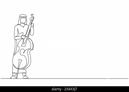 Continuous one line drawing double bass player standing with big string instrument. Arab man musician playing classical music with fingers. Profession Stock Vector