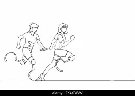 Single continuous line drawing two disable runners with prosthesis leg, disability women, amputee athletes, amputees running in relay race handing ove Stock Vector