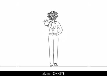Single continuous line drawing businesswoman with round scribbles instead of head. Angry business woman or strict boss standing, rejecting something w Stock Vector