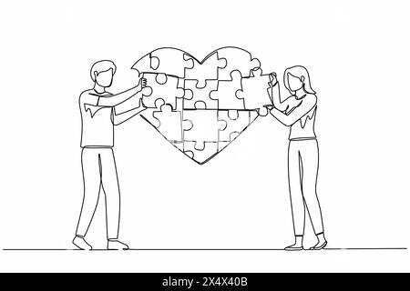 Single one line drawing young loving couple standing and forming huge heart puzzle from pieces together. Love togetherness and romance concept. Contin Stock Vector