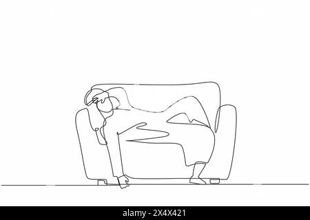 Single one line drawing unhappy Arab businessman tired sleepy mood resting on sofa. Frustrated worker holding his head lying on sofa. Stressed, anxiet Stock Vector