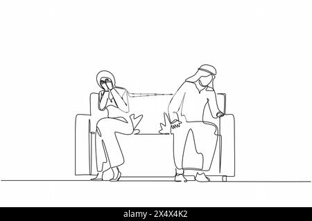 Continuous one line drawing sad unhappy Arabian husband and wife sitting on couch and keeping silence after quarrel at home. Problems in communication Stock Vector