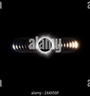 Diamond to Diamond - A composite of the 2024 Total Solar Eclipse - Diamond Ring to Bailey's Beads to Totality and back again Stock Photo