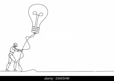 Single continuous line drawing robot holding flying lightbulb balloon with rope. Modern robotics artificial intelligence technology. Electronic techno Stock Vector