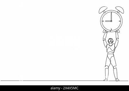 Single continuous line drawing robots lifting up big alarm clock. Modern robotics artificial intelligence technology. Electronic technology industry. Stock Vector