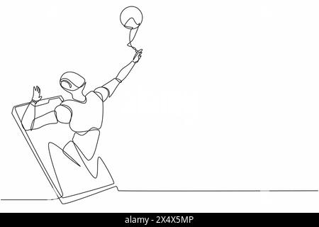 Single one line drawing robot come out from cellular phone and doing smash volleyball. Future technology development. Artificial intelligence, machine Stock Vector
