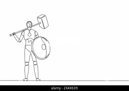 Single continuous line drawing robot standing holding hammer and shield. Modern robotics artificial intelligence technology. Electronic technology ind Stock Vector