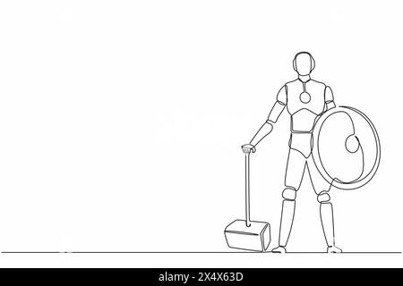 Continuous one line drawing robots stands holding big hammer and shield. Humanoid robot cybernetic organism. Future robotics development concept. Sing Stock Vector