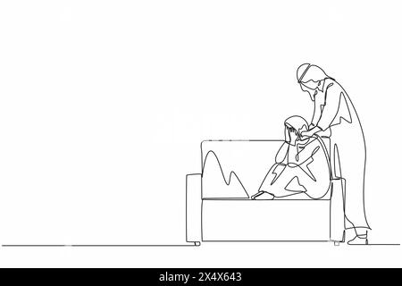 Continuous one line drawing Arab man giving support and comfort to depressed crying woman, touching shoulders, helping to go through stress and anxiet Stock Vector