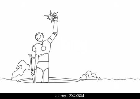 Single continuous line drawing robot digging hole and find diamond from ground. Modern robotic artificial intelligence. Electronic technology industry Stock Vector