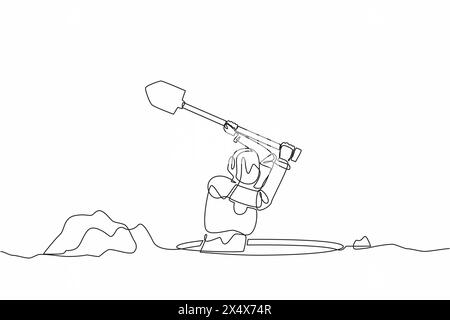 Continuous one line drawing robot digging in dirt using shovel. Humanoid robot cybernetic organism. Future robotics development. Treasure digging. Sin Stock Vector