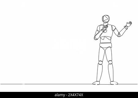 Single continuous line drawing robot pointing away hands together and showing or presenting something. Robotic artificial intelligence. Electronic tec Stock Vector