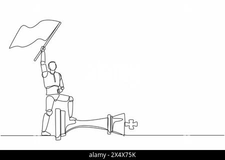 Single continuous line drawing robots holding flag and defeat chess king. Modern robotics artificial intelligence. Electronic technology industry. One Stock Vector