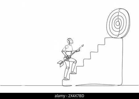 Single continuous line drawing robot holding arrow running up stairway to high target. Robotic artificial intelligence. Electronic technology industry Stock Vector