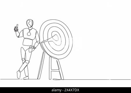 Continuous one line drawing robot standing and leaning at target with thumbs up gesture. Humanoid robot cybernetic organism. Future robotics developme Stock Vector