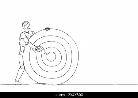 Single one line drawing robot holding archer target or dartboard and pointing at bullseye. Future technology. Artificial intelligence and machine lear Stock Vector