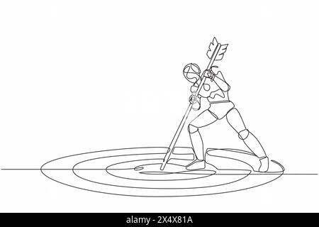 Single one line drawing robot mark goal with arrow. Robot holding arrow, hit target on ground. Future technology. Artificial intelligence machine lear Stock Vector