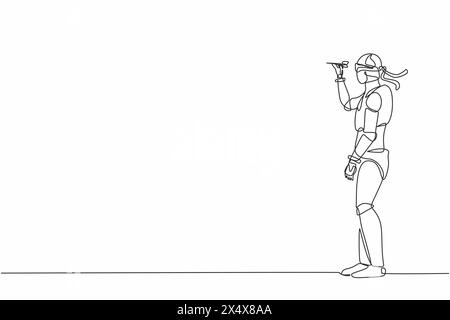 Single continuous line drawing robot blindfolded throwing dart. Unclear target, blind business vision. Robotic artificial intelligence. Electronic tec Stock Vector