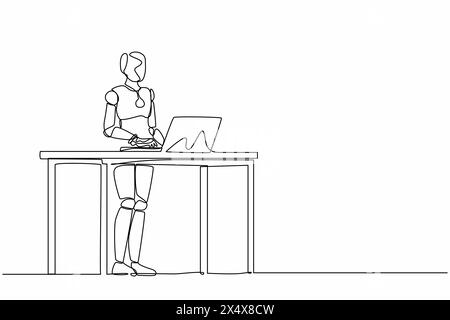 Single continuous line drawing smart robot standing and working behind desk. Modern robotic artificial intelligence. Electronic technology industry. O Stock Vector