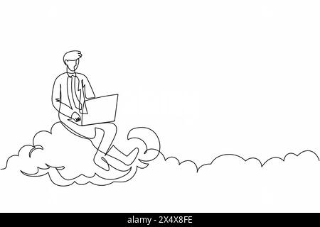 Single continuous line drawing businessman sitting on cloud in sky and working with laptop. Wireless connection. Social networking using cloud storage Stock Vector