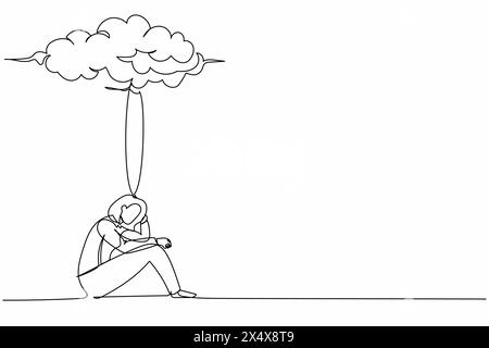 Single one line drawing unhappy depressed businesswoman feeling sad, depression sitting under rain cloud. Sad worker in stress with problem. Continuou Stock Vector
