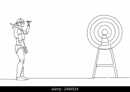 Single one line drawing robot using blindfold and hit darts target. Future technology development. Artificial intelligence and machine learning. Conti Stock Vector
