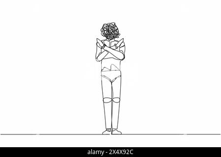 Single one line drawing robot with round scribbles instead of head, standing with crossed arms. Rejection sign. Saying no. Humanoid cybernetic organis Stock Vector