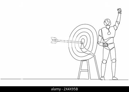 Single continuous line drawing robot raised hand with fist gesture, arrow exact into target. Robotic artificial intelligence. Electronic technology in Stock Vector