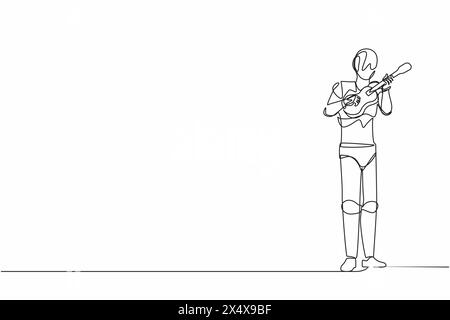 Single continuous line drawing robot playing ukulele or small guitar and singing having fun. Robotic artificial intelligence. Electronic technology in Stock Vector