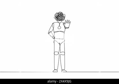 Single one line drawing robot with round scribbles instead of head, standing and rejecting something with stop hand gesture. Humanoid robot cybernetic Stock Vector