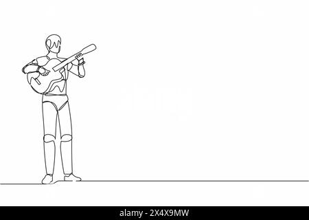 Single continuous line drawing robot playing acoustic guitar at musical performance. Modern robotic artificial intelligence. Electronic technology ind Stock Vector