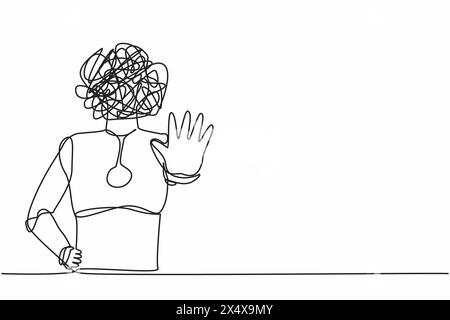 Continuous one line drawing robot with round scribbles instead of head, making stop gesture sign with hand, saying no. Humanoid robot cybernetic organ Stock Vector