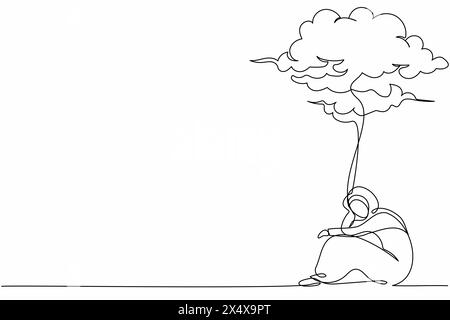 Single one line drawing unhappy Arabian businesswoman feeling sad, depression sitting under rain cloud. Depressed worker in stress with problem. Conti Stock Vector
