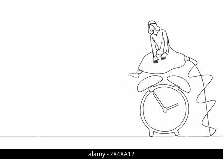 Single continuous line drawing Arabian businessman jump over time passing alarm clock. Overload work with deadline. Working time efficiency concept. O Stock Vector